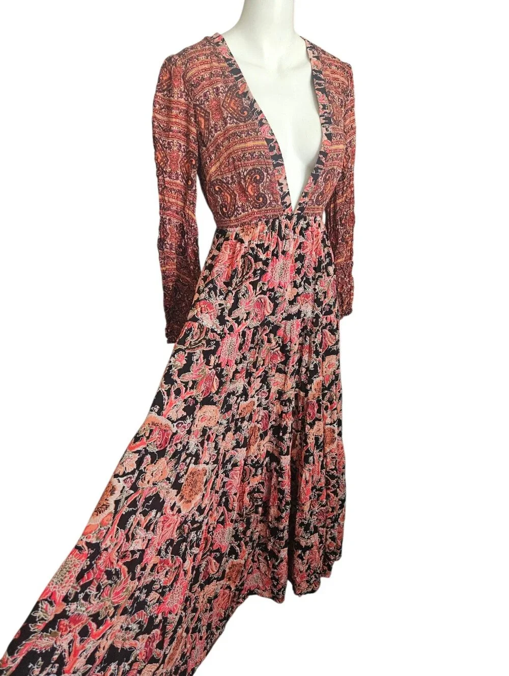 Free People Dove V Neck Long Sleeves Floral‎ Maxi Dress Peasant Country Small